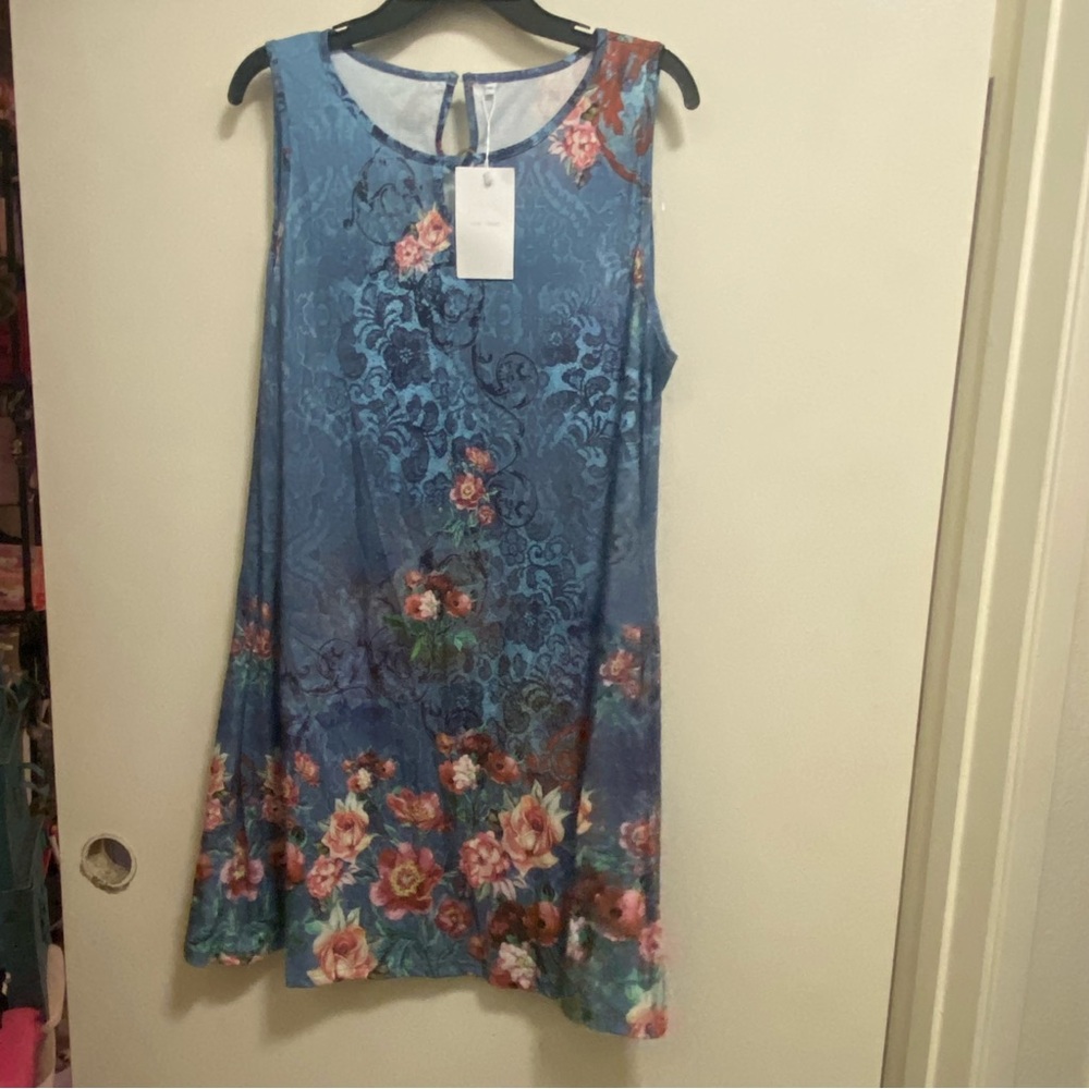 New Trend Womens Midi Dress XL 42” Blue Pink & Green Floral Print NWT New